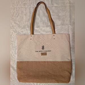 The Ritz-Carlton Canvas Tote Bag Burlap Bottom Leather Handles Made In India